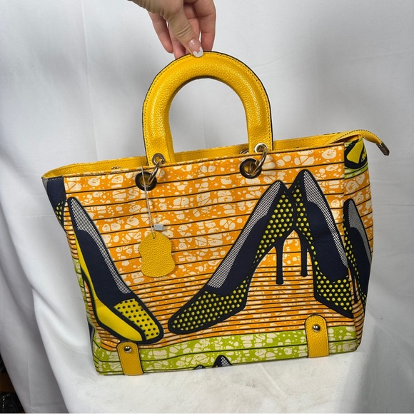Halo & Way Ankara Wax Print Leather Tote Yellow Green Heels Bag Boho Retro Y2K - Picture 4 of 12
